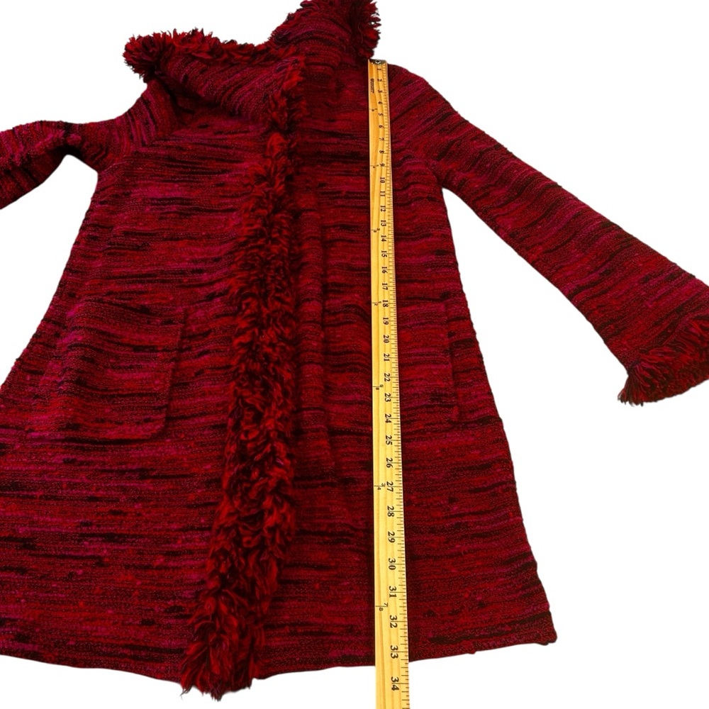 St. John red pink black tweed fringe frayed collar long jacket women’s size 6 - Picture 8 of 16